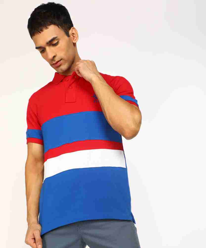 red blue striped polo