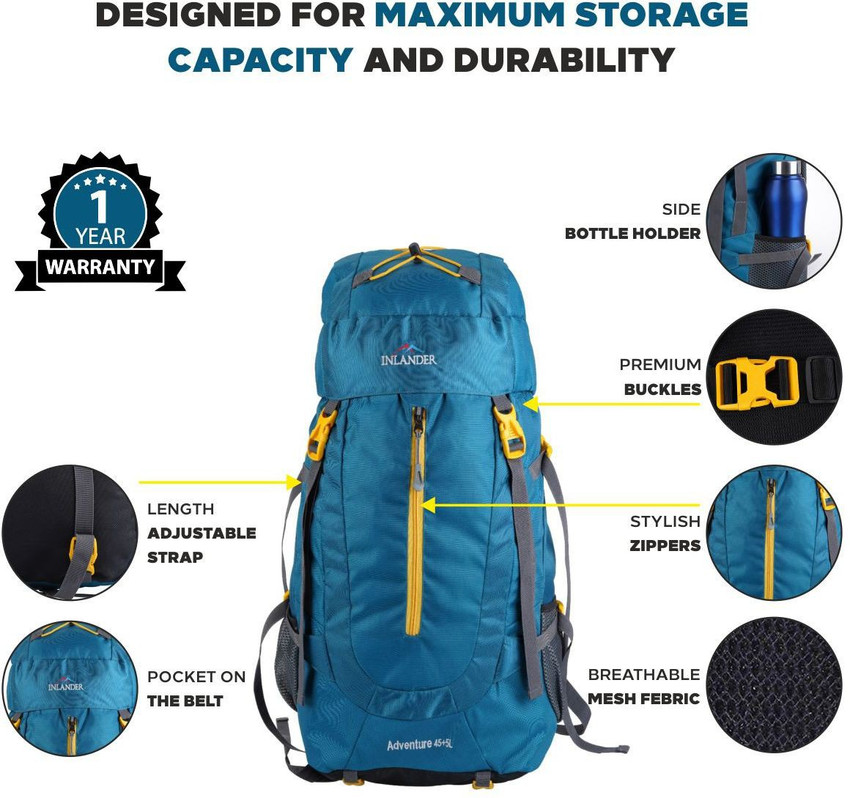 Inlander 45 5L travelbag for hiking trekking camping mountain rucksack with 1 yr waranty Rucksack 50 L TEAL BLUE Price in India Flipkart