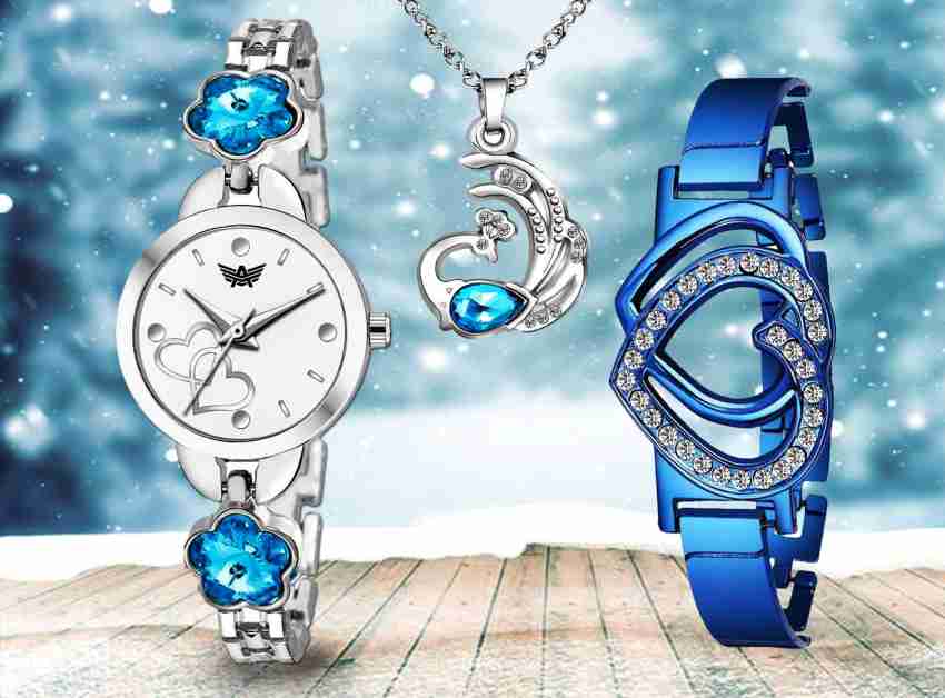 ABREXO Abx111-SL BL Silver Blue Dual Heart Design Watch+Peacock