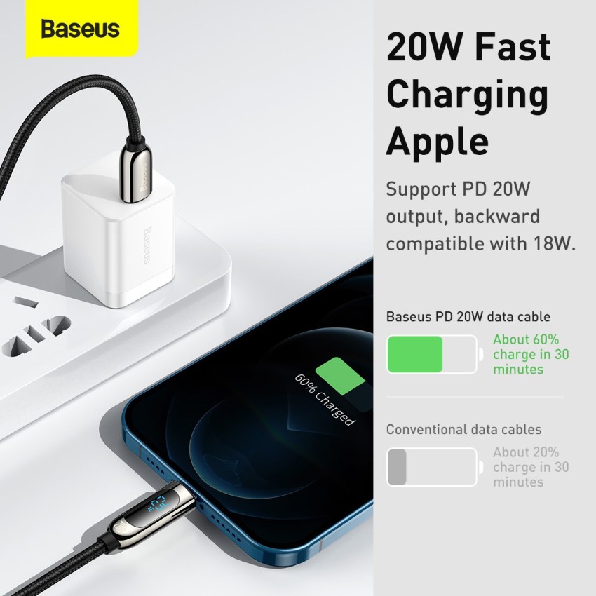 Baseus LED Digital Display USB to Type-C Charger Cable Fast Charging Data  Cord