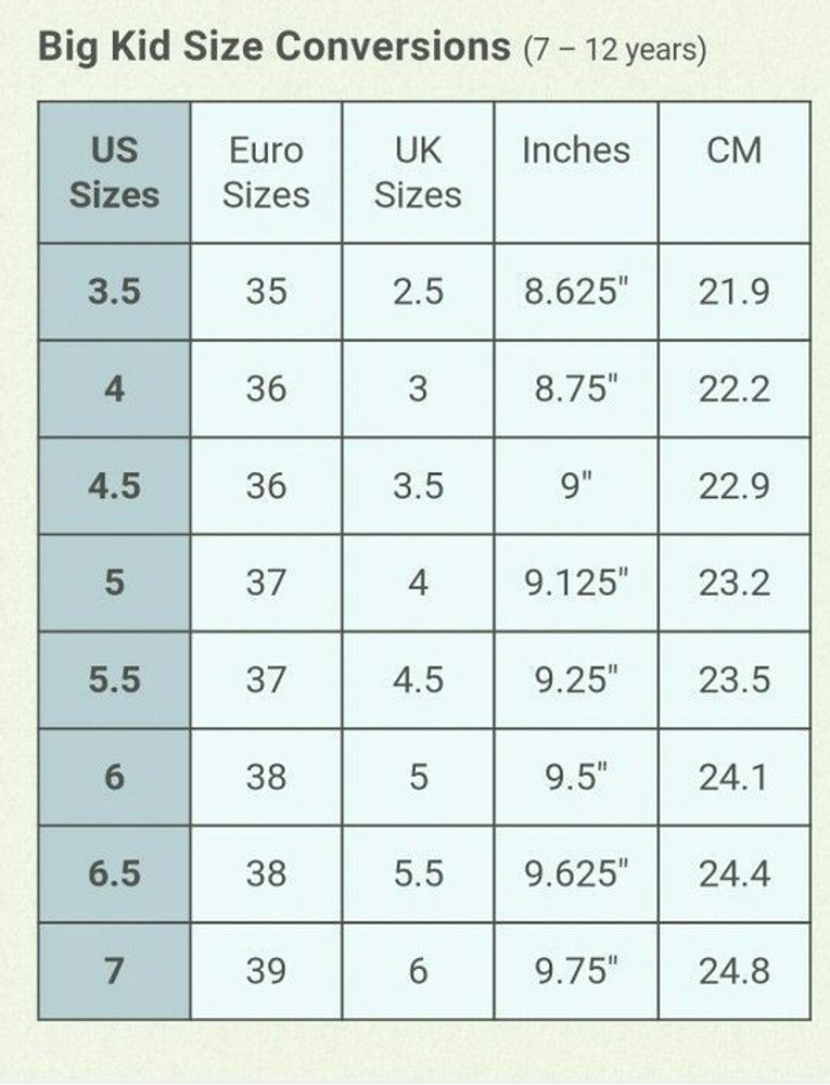 Boy girl clearance shoe size conversion