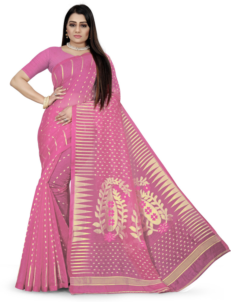 Buy PrimeChoice Woven Jamdani Cotton Blend Pink Sarees Online