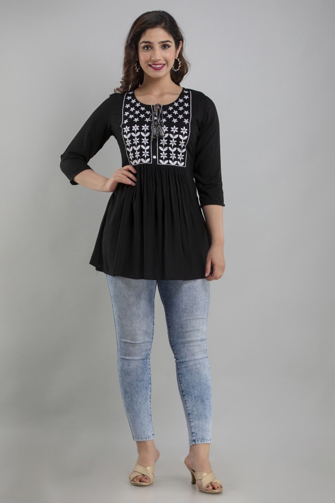 Rivaenterprises Casual Embroidered Women Black Top - Buy