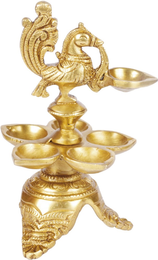 Set of 2) 5 Face Brass Deepak Oil Lamp (6 cm Height, Gold