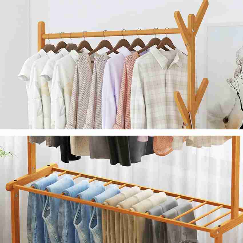 ADA Premium Bamboo Clothes Hanging Rail Garment Rack with 2 Shelves and 4 Hooks Engineered Wood Coat and Umbrella Stand Price in India Buy ADA Premium Bamboo Clothes Hanging Rail Garment
