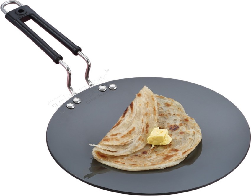 Brodees Iron Roti Tawa 25 Cm Diameter with Tough Handle Concave Tawa -  Chapati Tawa, Iron Roti Tawa, Gas Compatible Tawa (Black) - Brodees