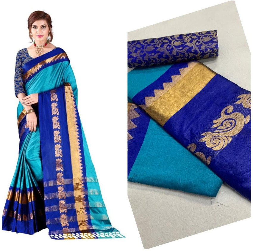Buy Fancy Fab Woven Dharmavaram Silk Blend Cotton Silk Dark Blue Light Blue Gold Blue Sarees Online Best Price In India Flipkart