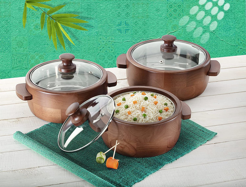 SARANGWARE UNIQUE WOODEN CASSEROLE WITH GLASS LID Serve Casserole