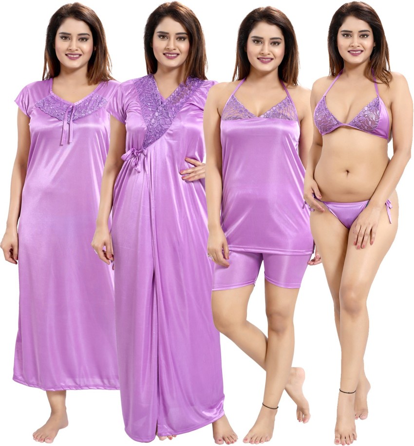Buy Satin Tie-Up Bra & Panty Set in Lavender Online India, Best