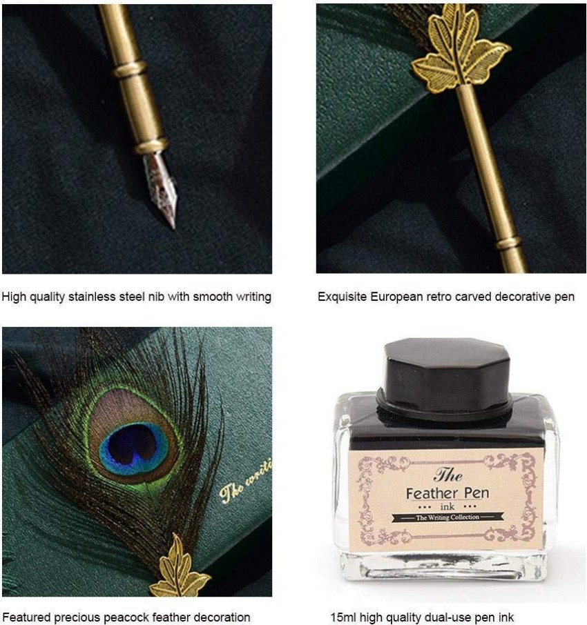 Calligraphy Pen Set Writting Quill Feather Pen 100% Hand Craft Real Feather  and Stainless Steel Nibs, Ink Included 