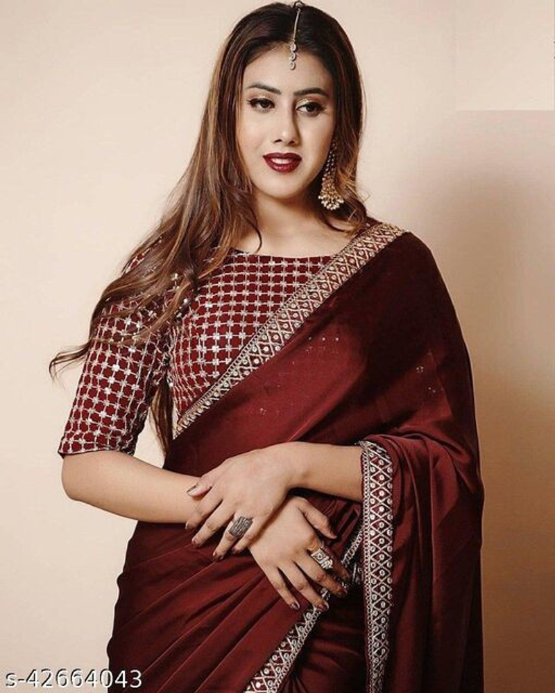Maroon Plain Liquid Organza Saree With Lace Border – Fabcurate