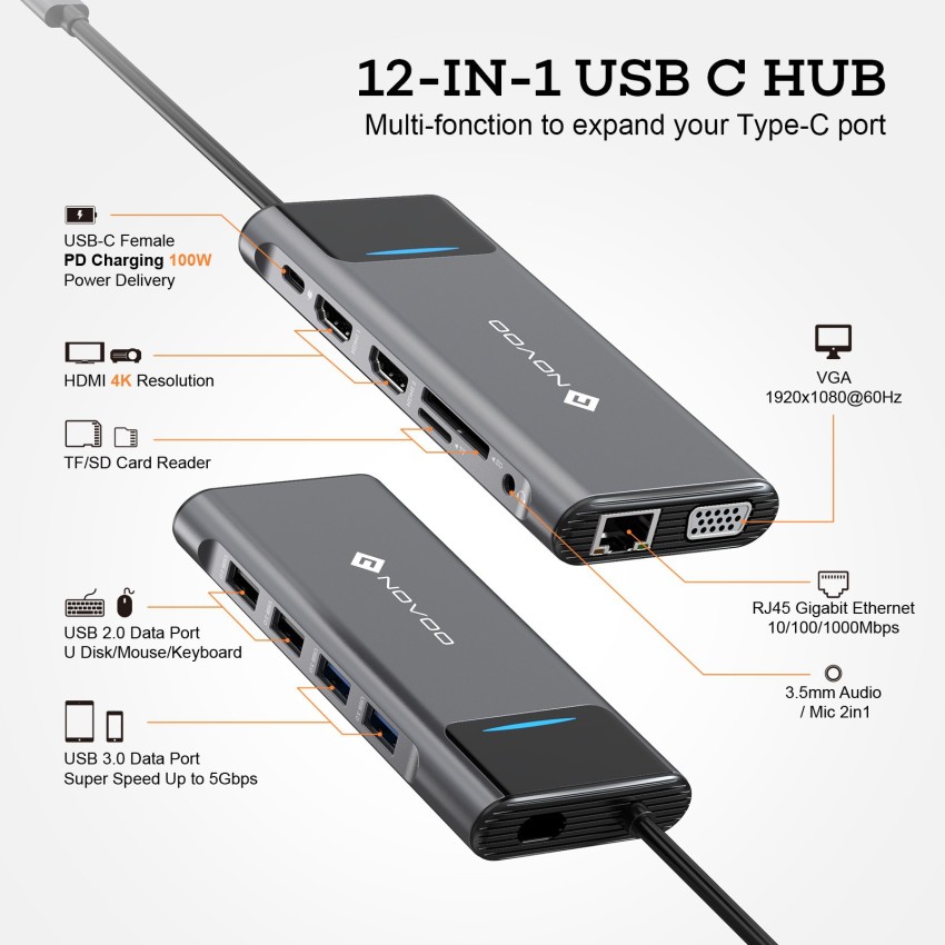 NOVOO NOVOO 12in1 ProUSB C 4K HDMI VGA Ethernet ,PD Charging,3.5mm