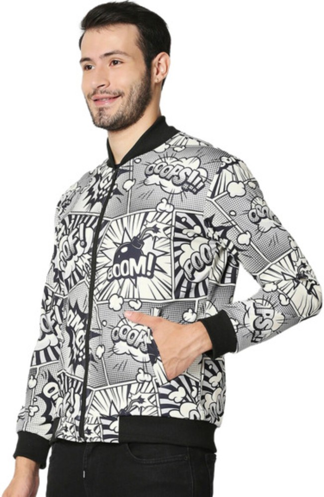Men's Black and White Print Bomber Jacket, White and Black Print Crew-neck  T-shirt, Black and White Sweatpants, White Leather Low Top Sneakers |  Lookastic