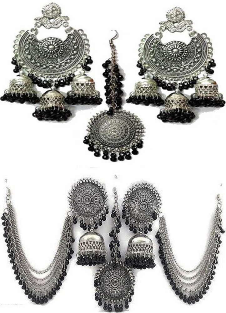 Fancy Oxidized Silver Kashmiri Style Long Earrings