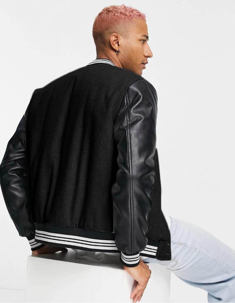 Black leather 2024 varsity jacket mens