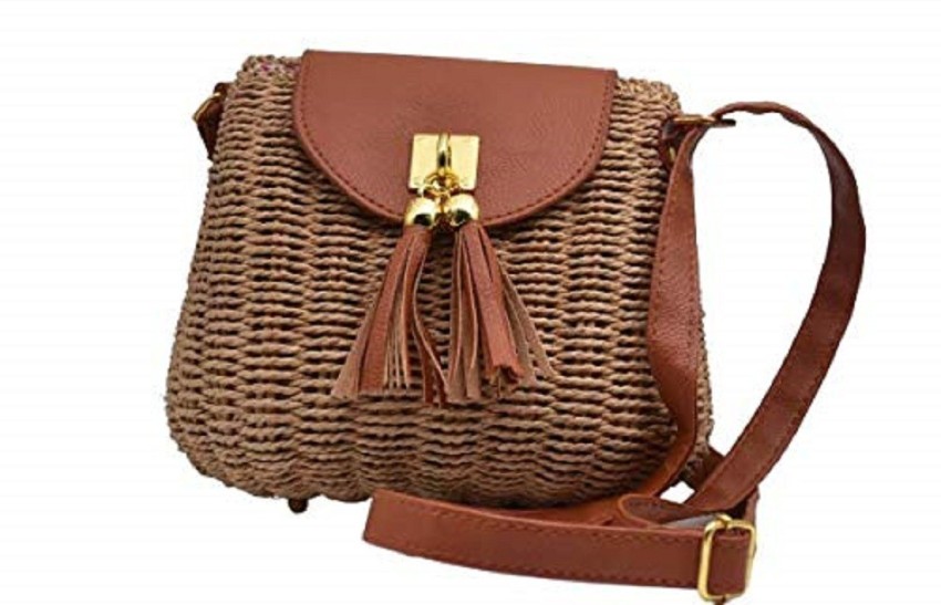 Brown,Cream Long Handle Plain Jute Shoulder Bag