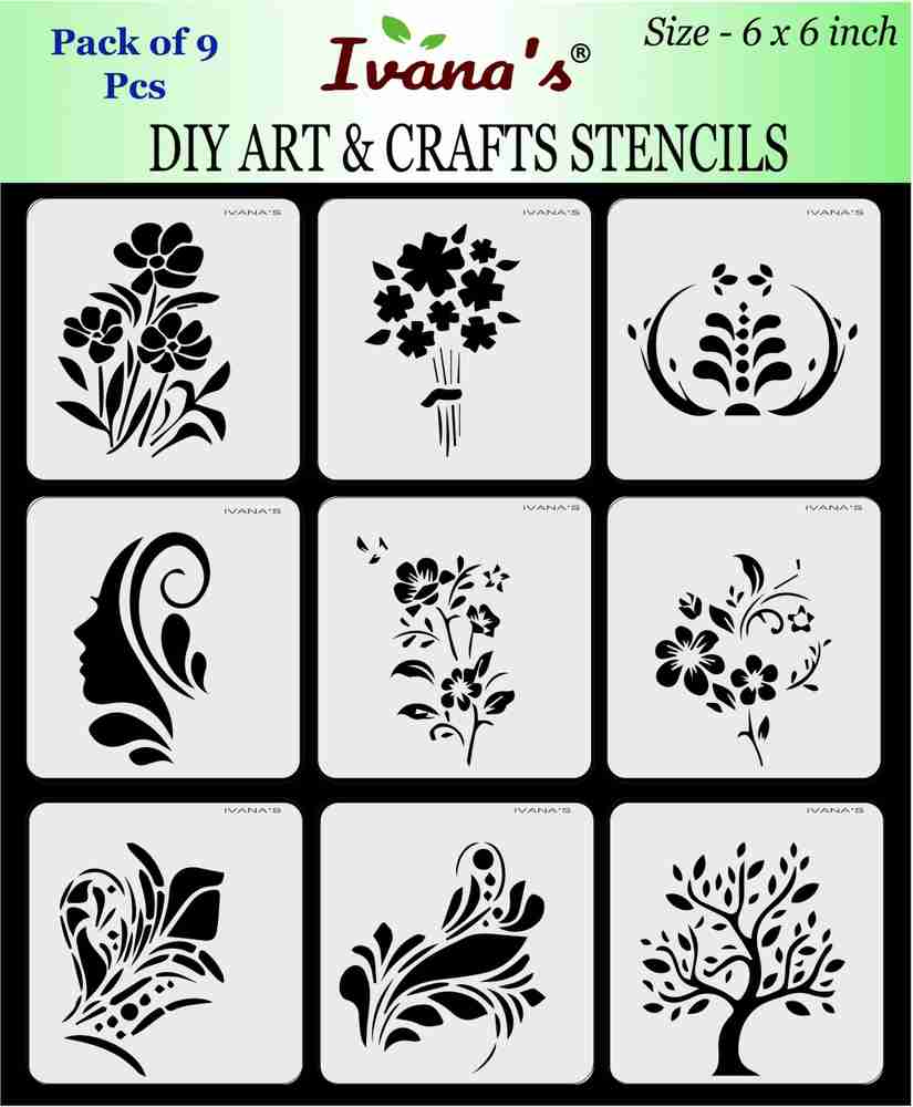 IVANA'S Multi Design for Art & Craft , Reusable DIY Decorative Stencil CIVS-9059 for Painting on Canvas, Fabric, Cloth, Paper,Glass, Wall,Size-6x6 inch,Pack of 9 Stencil Price in India - Buy IVANA'S Multi ivana-s-multi-design-for-art-craft-reusable-diy-decorative-stencil-civs-9059-for-painting-on-canvas-fabric-cloth-paper-glass-wall-size-6x6-inch-pack-of-9-stencil-price-in-india-buy-ivana-s-multi