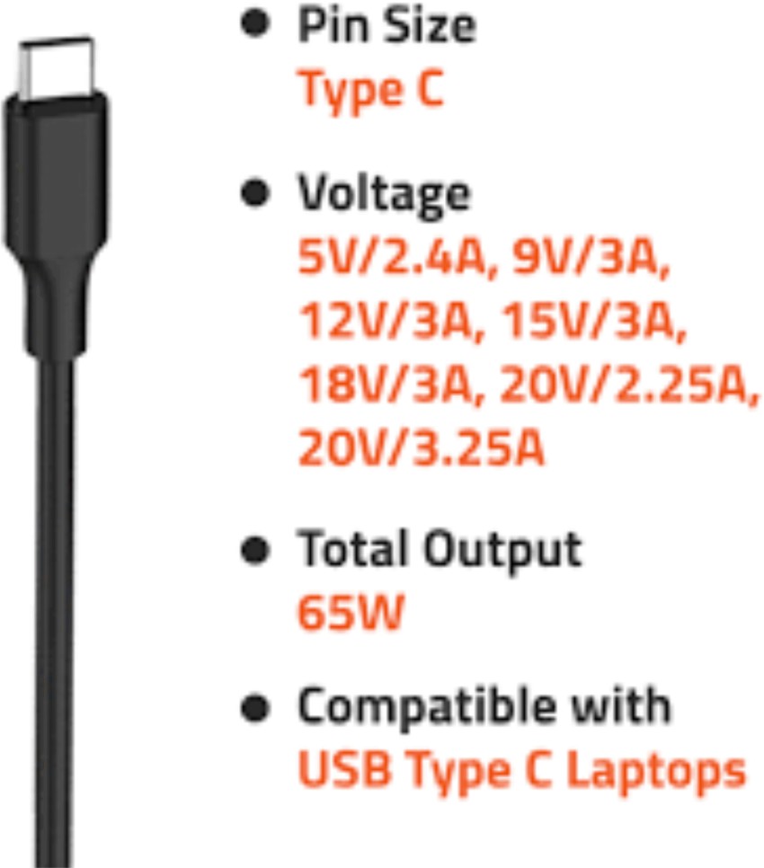 Chargeur ordinateur DELL type-c 65W USB-C 20V-3.25A, 15V-3A, 9V-2A, 5V