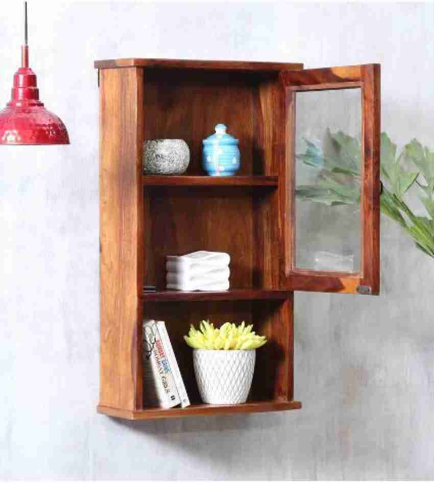 Floating shelf with glass outlet doors