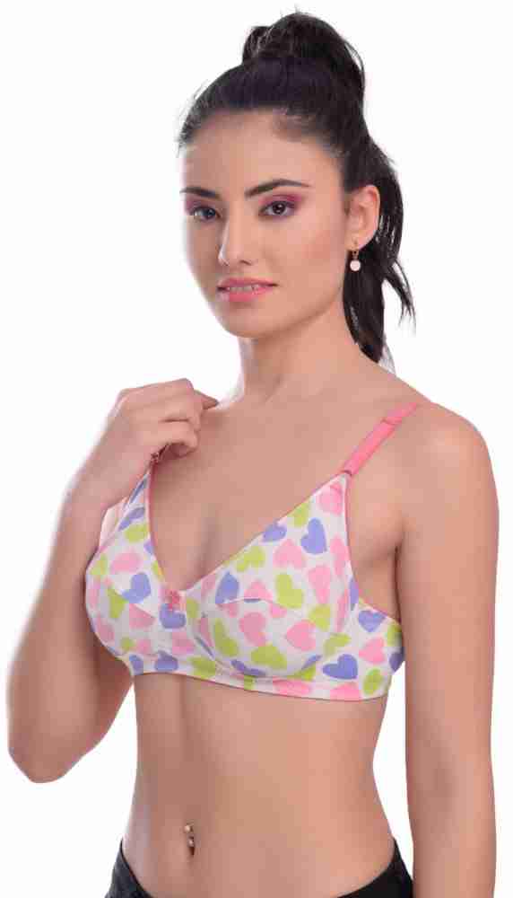 Floral Print Non-padded Cotton Bra For Ladies, Pink And White