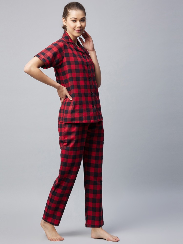 STYLESTONE Women Checkered Red Black Shirt Pyjama set Price in