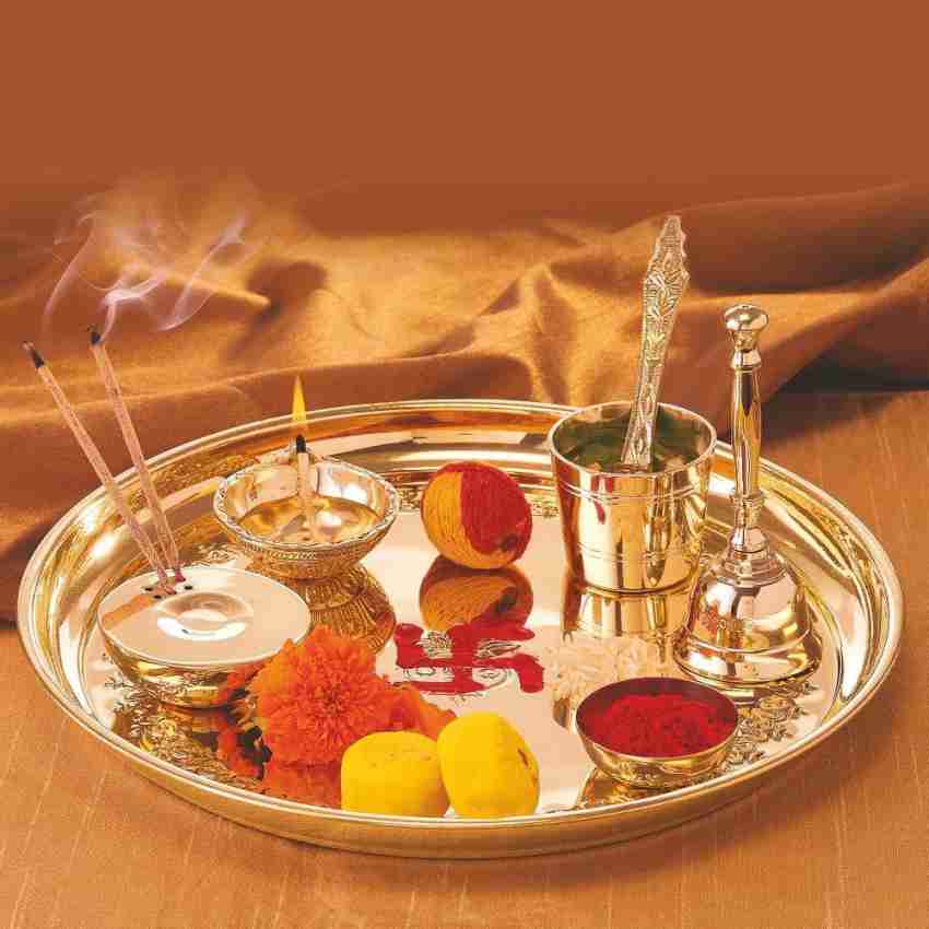Pure Brass Special Puja Thali Set of 9 Items, for Diwali Poojan/pooja  Room/diwali Gifting 