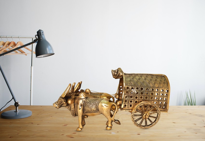 TAZBI Bullock Cart Brass Showpiece Statue for Home Decor (Set of 2