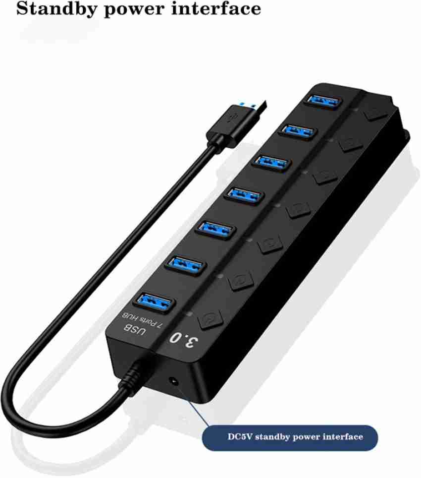 7-Port USB 3.0 Hub with Individual Power Switches and LED Lights,  High-Speed Data Hub Splitter Portable USB Extension Hub for PC Laptop and  More (No