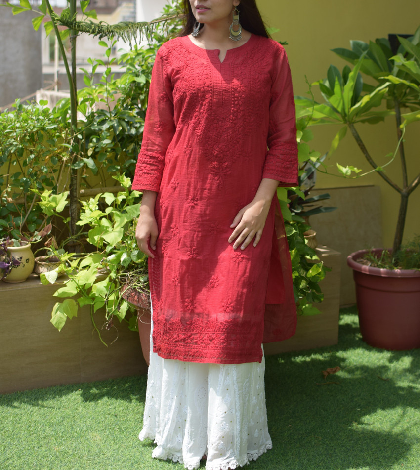 threaded affair Women Chikan Embroidery Straight Kurta Buy
