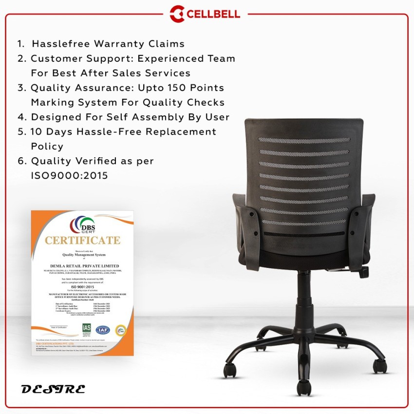 CELLBELL Desire C104 Mesh Mid Back Ergonomic Office Chair/Study  Chair/Revolving Chair/Computer Chair for Work from Home Metal Base Seat  Height