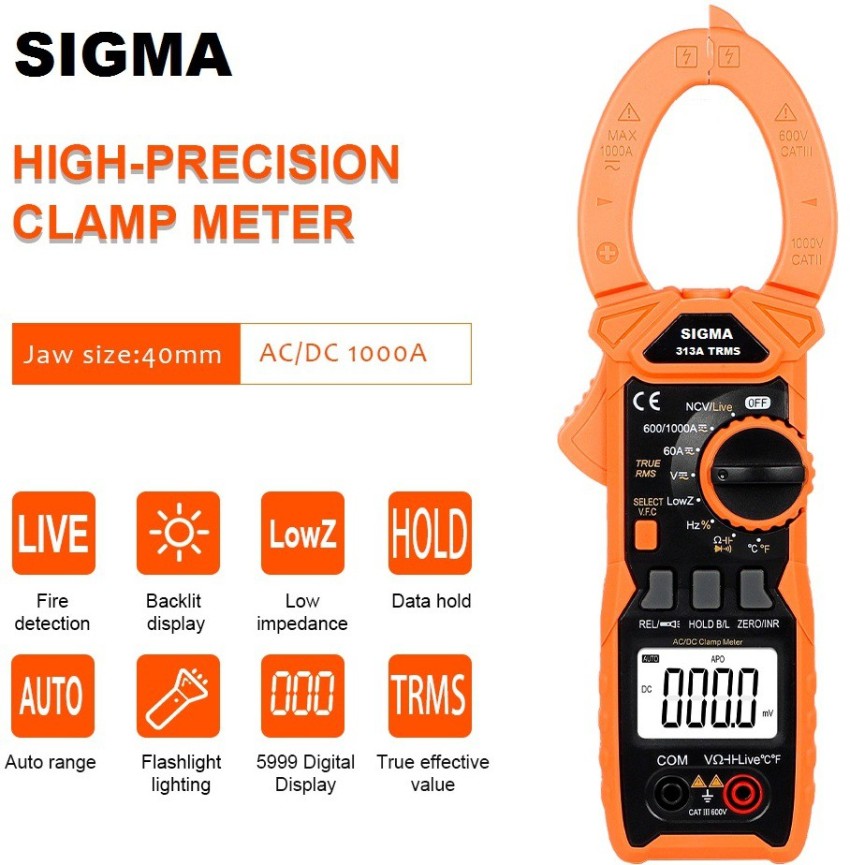 SIGMA AC DC Clamp Meter 313 A TRMS, Current upto 1000A AC DC Digital  Multimeter Price in India Buy SIGMA AC DC Clamp Meter 313 A TRMS, Current  upto 1000A AC