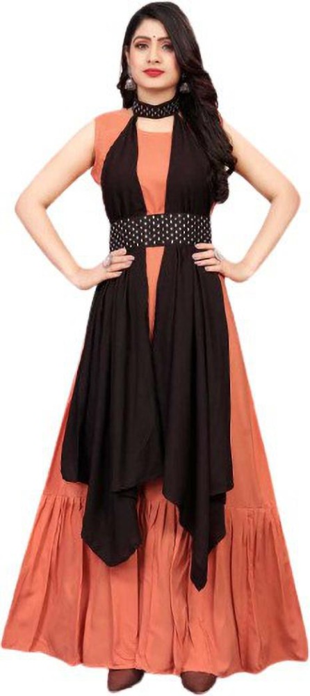 Black Embroidery anarkali gown with Orange dupatta For WomenGirlsRegular  Fit