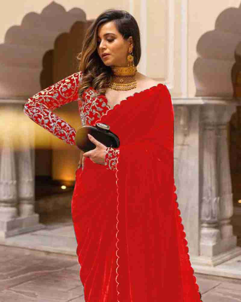 Buy PD CLOTH VILLA Embroidered Bollywood Velvet Red Sarees Online ...