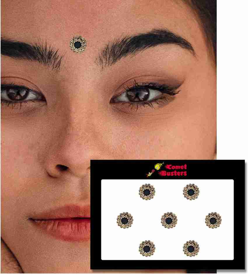 Comet Busters Black Round Velvet Bindi With Gold Stone Border 9mm