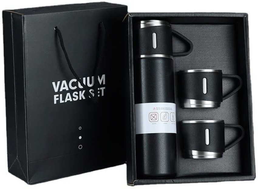 FLANKER Grey Vacuum Flask Gift Set Bottle with 3 Cups 500 ml Flask