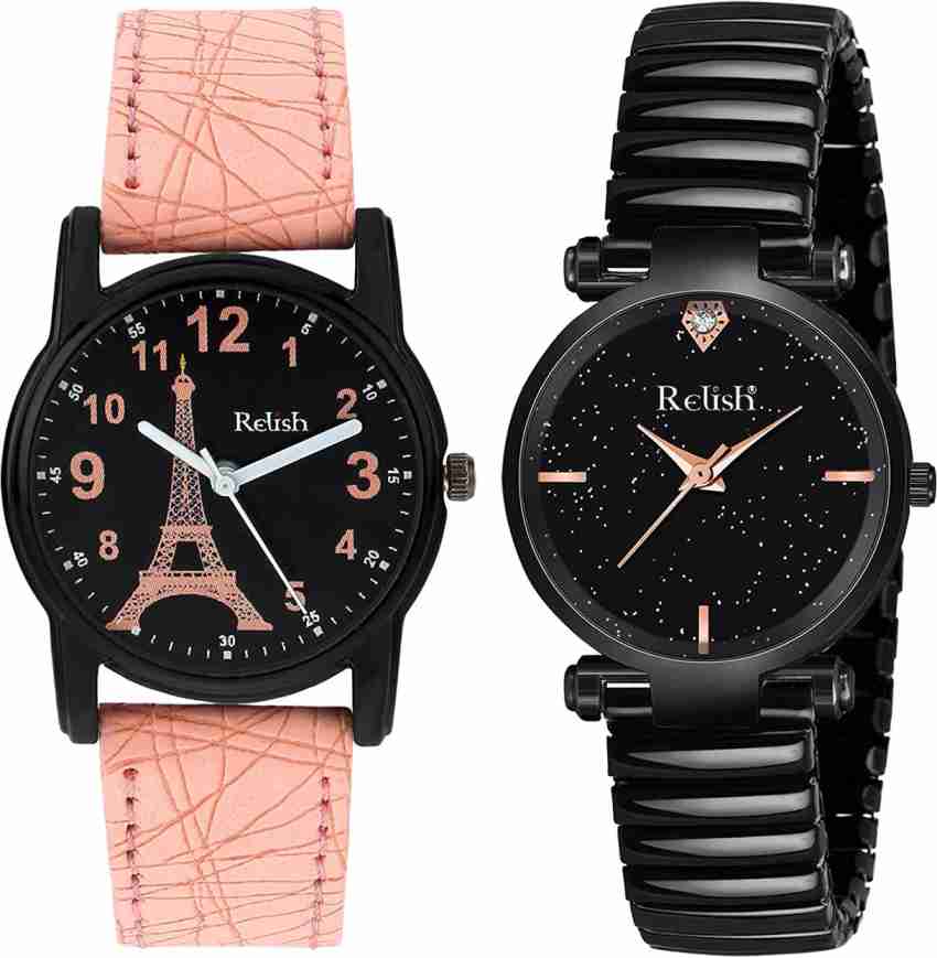 RELish Black Elastic Band Analogue Watch Pink Strap Watch for