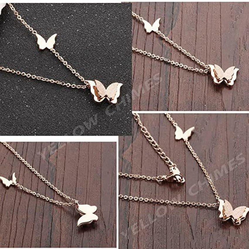 Kripyery Women Necklace Shiny Rhinestone Rose Gold Color Butterfly Shape  Lady Pendant Female Jewelry