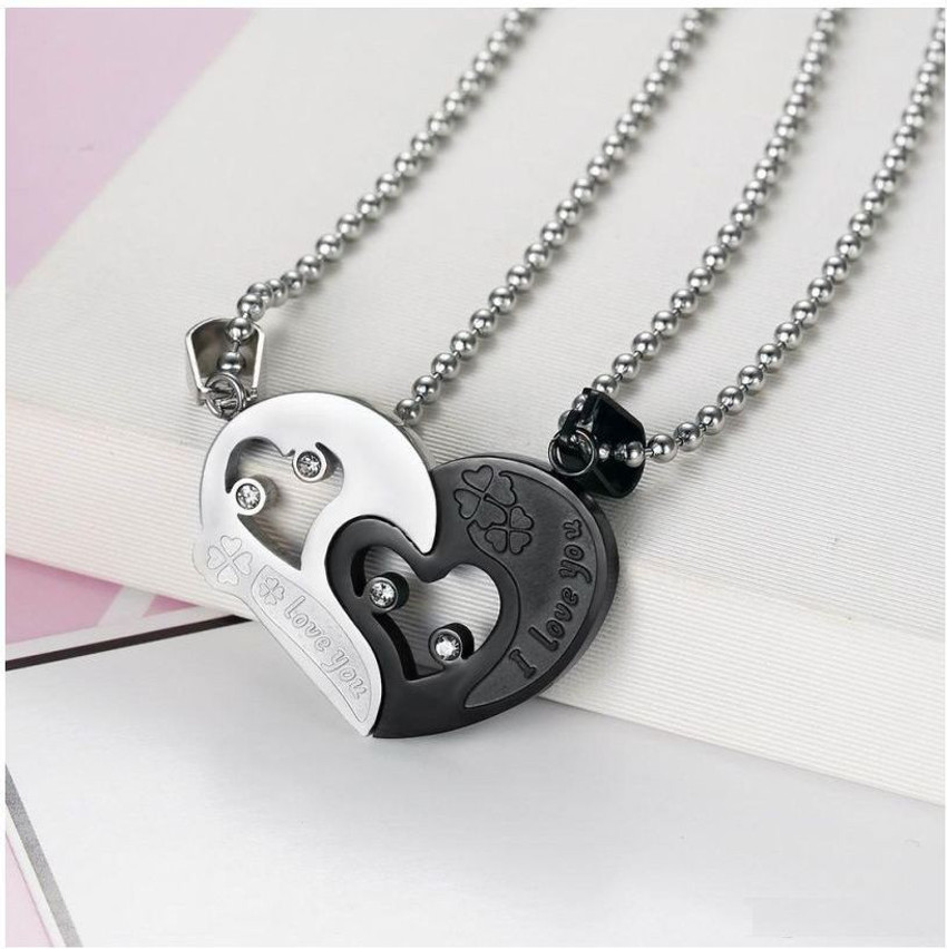 Simple love you stainless steel broken sale two heart pendant men couples chain necklace