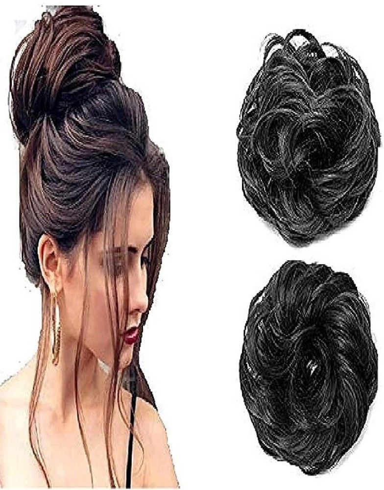 2PCS Messy Bun Hair Piece Brown Hair Bun Extension Women Ponytail  Extension Wavy Hair Wig Synthetic