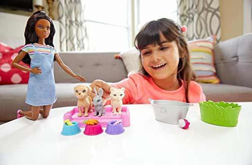 BARBIE Play n Wash Pets Playset with Brunette Doll 3 Color
