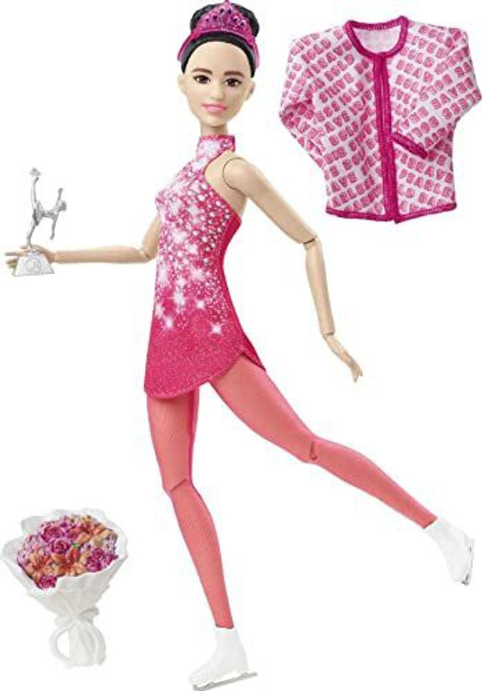 BARBIE Winter Sports Ice Skater Brunette Doll Pink Dress HHY27