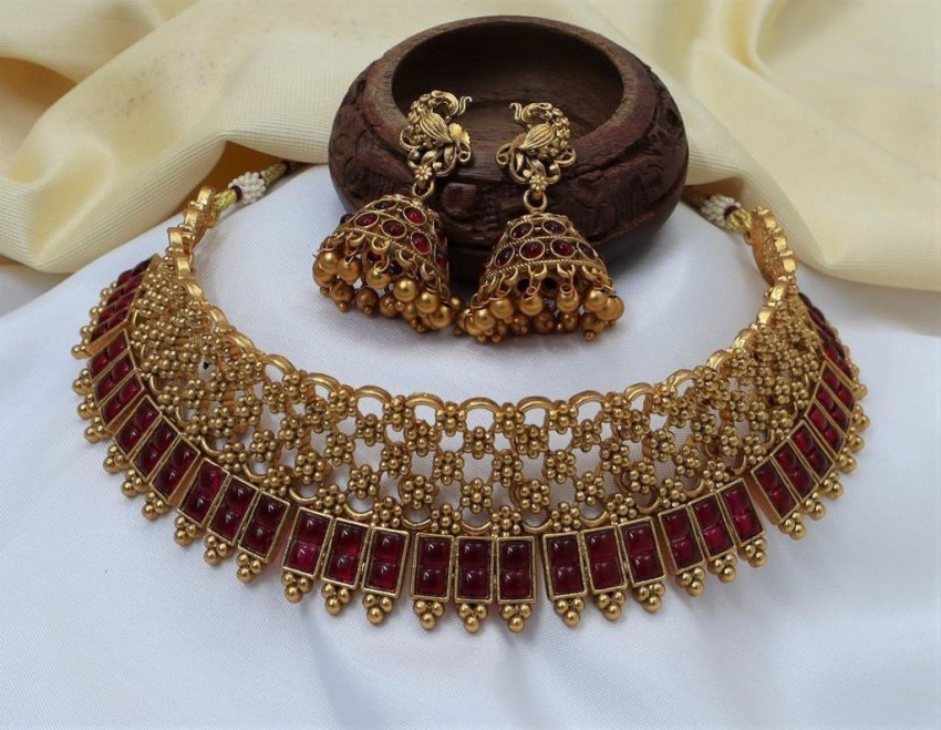 Maroon Antique Gold Indian Asian Bridal Polki Kundan Stone Necklace  Jewellery Set — Glimour Jewellery