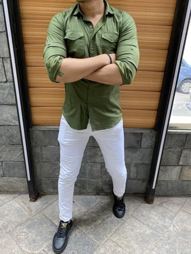Green shirt white jeans sales