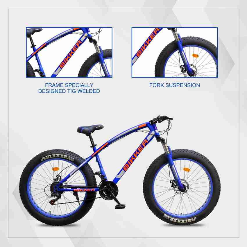 BIKKER Fat Tyre Cycle for Men with Dual Disc Brake Front Suspension Blue Orange 26 T Fat Tyre Cycle