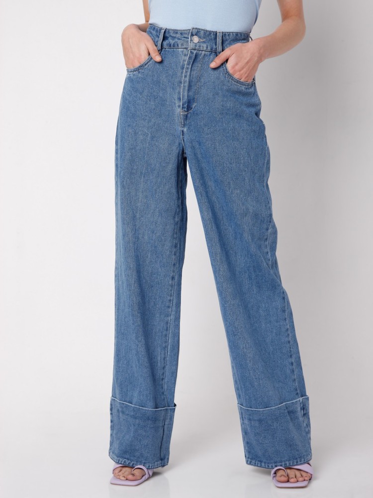 Buy VERO MODA Blue Flared Regular Length Polyester Womens Pants