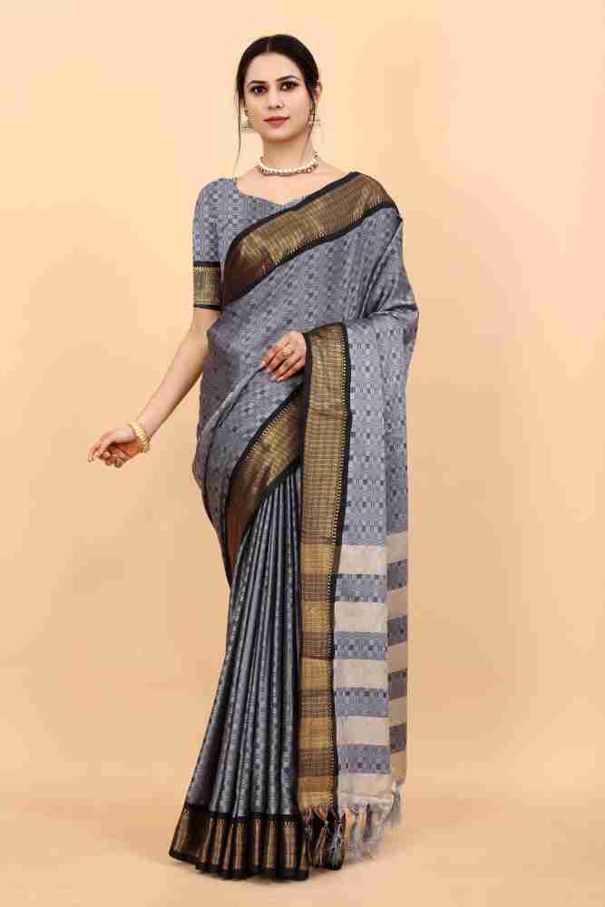Grey Saree with Teal Border -Kalyani Cotton Saree -VS495