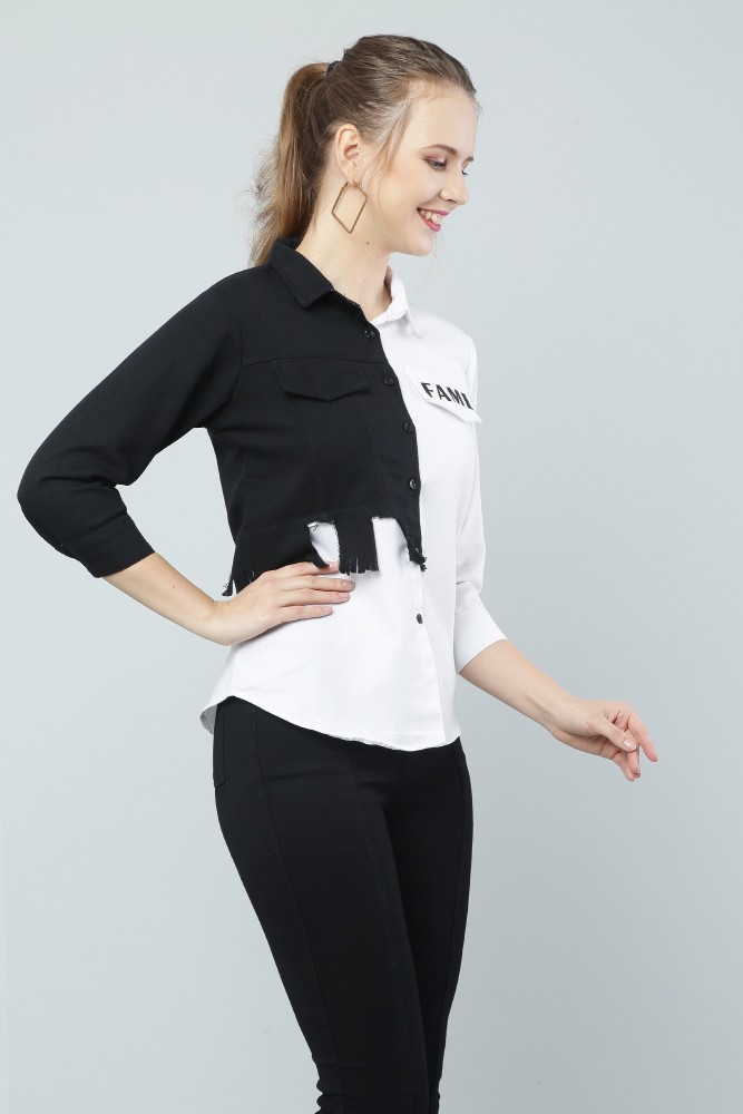 Black and White Colorblock Button Front Casual Shirt Women's