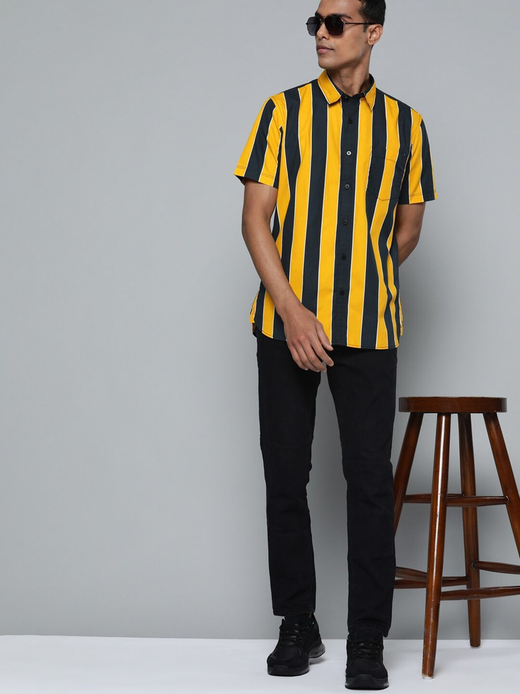 black and yellow striped top