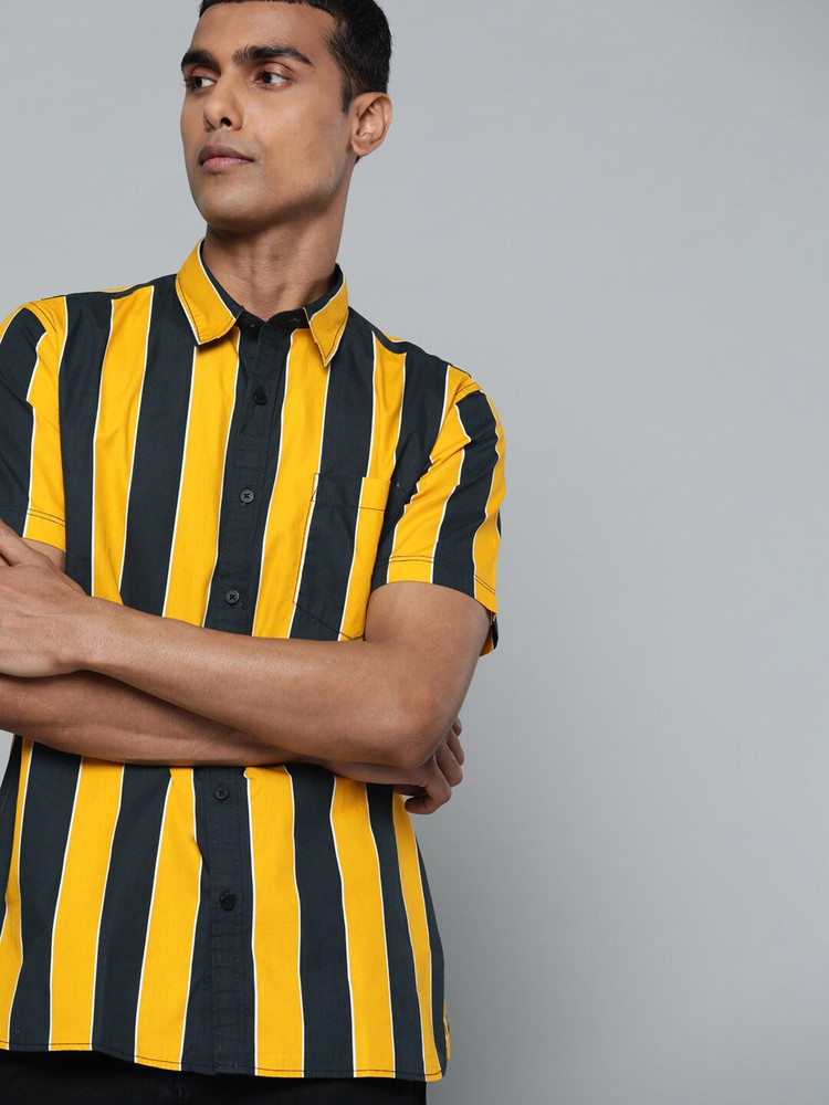 black and yellow striped top