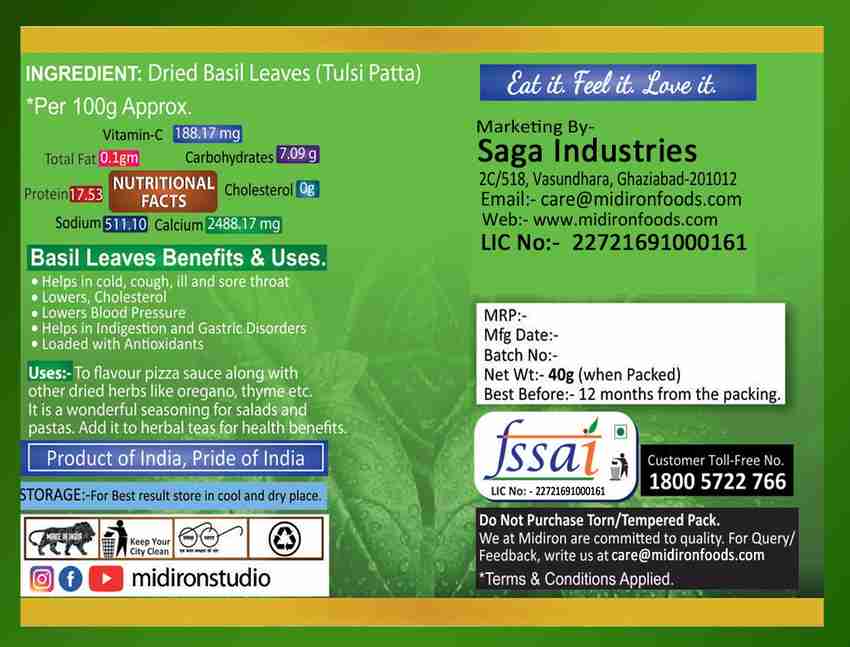 Midiron Basil Leaves, Tulsi Patta (Pack of 40gX2) Price in India